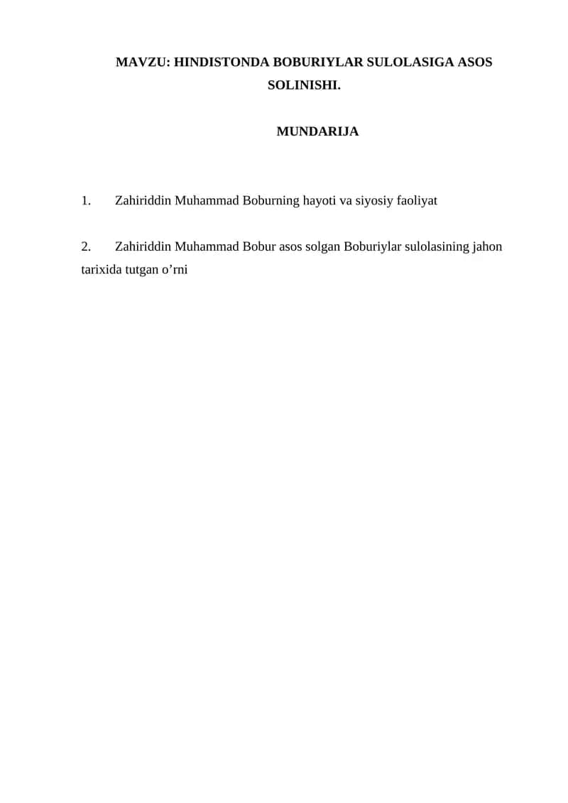 HINDISTONDA BOBURIYLAR SULOLASIGA ASOS SOLINISHI