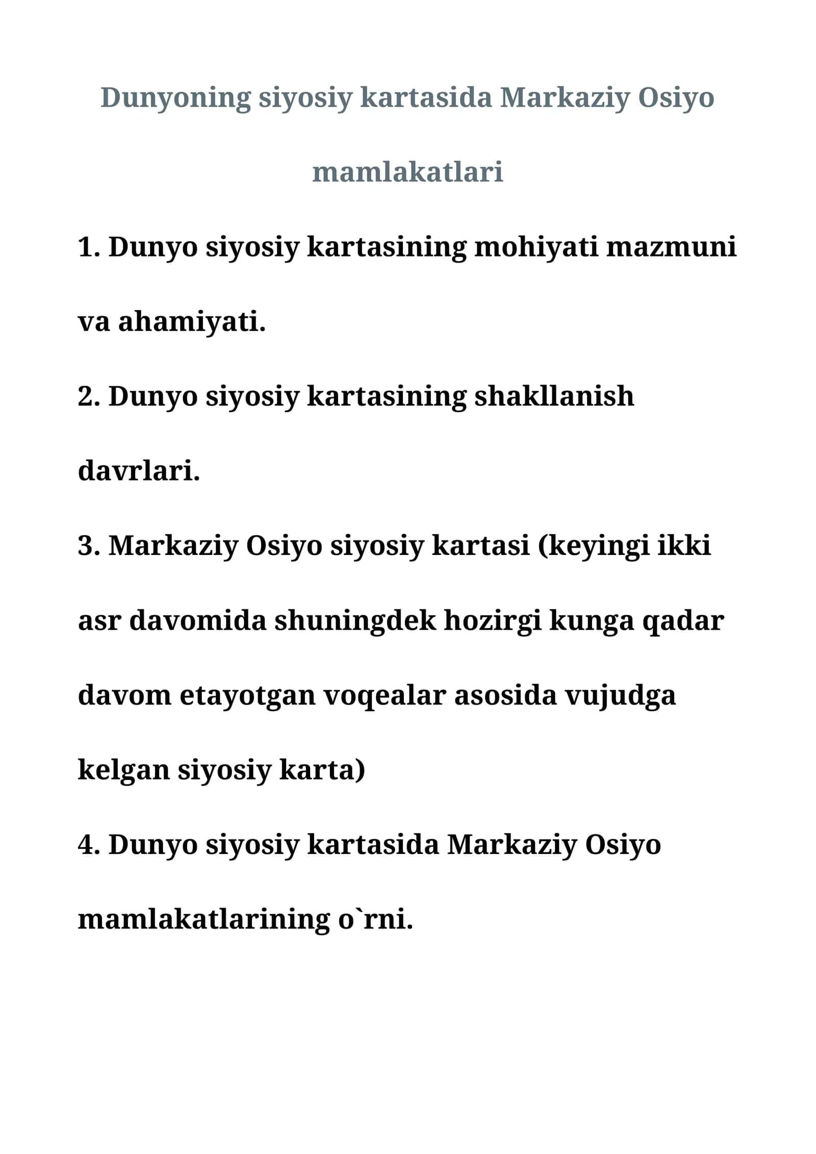 Dunyoning siyosiy kartasida Markaziy Osiyo mamlakatlari
