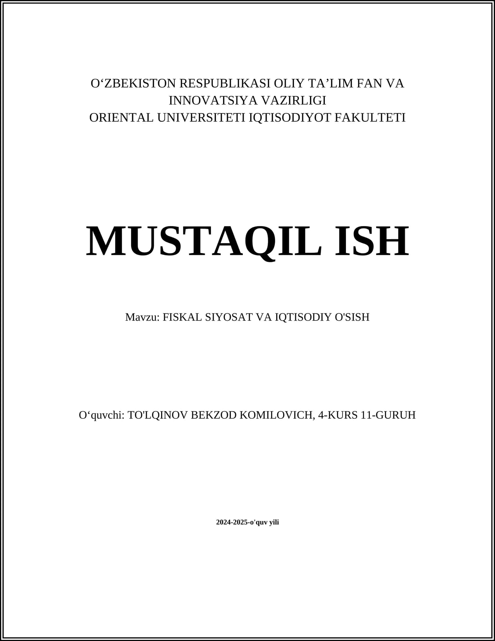Fiskal siyosat va iqtisodiy o'sish