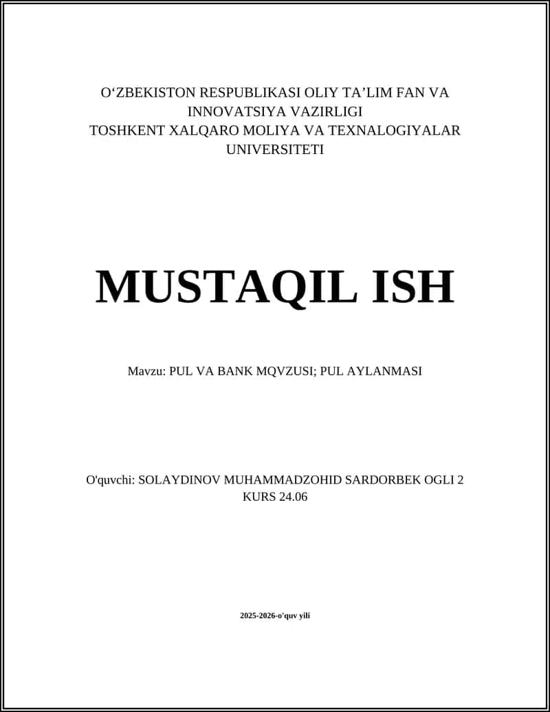 PUL VA BANK MQVZUSI; PUL AYLANMASI