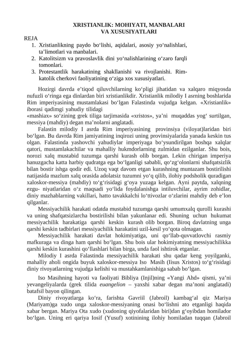 XRISTIANLIK: MOHIYATI, MANBALARI VA XUSUSIYATLARI