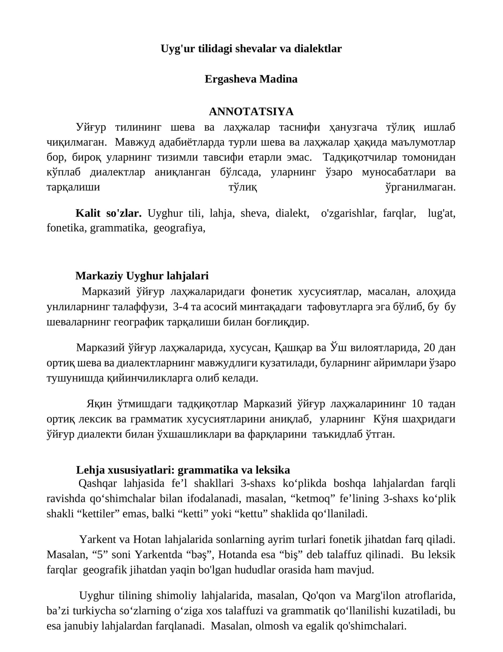 Uyg'ur tilidagi shevalar va dialektlar