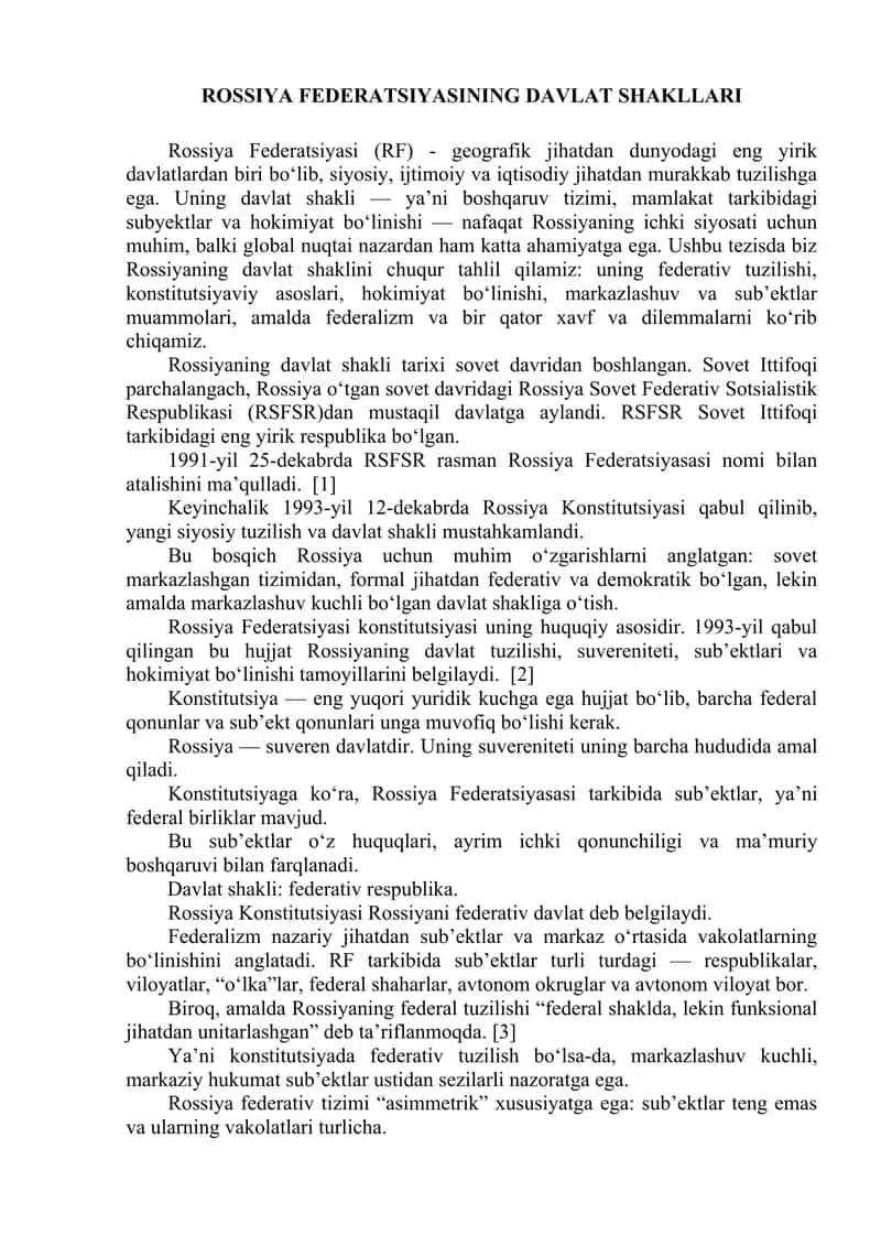 Rossiya davlat shakllari tezis