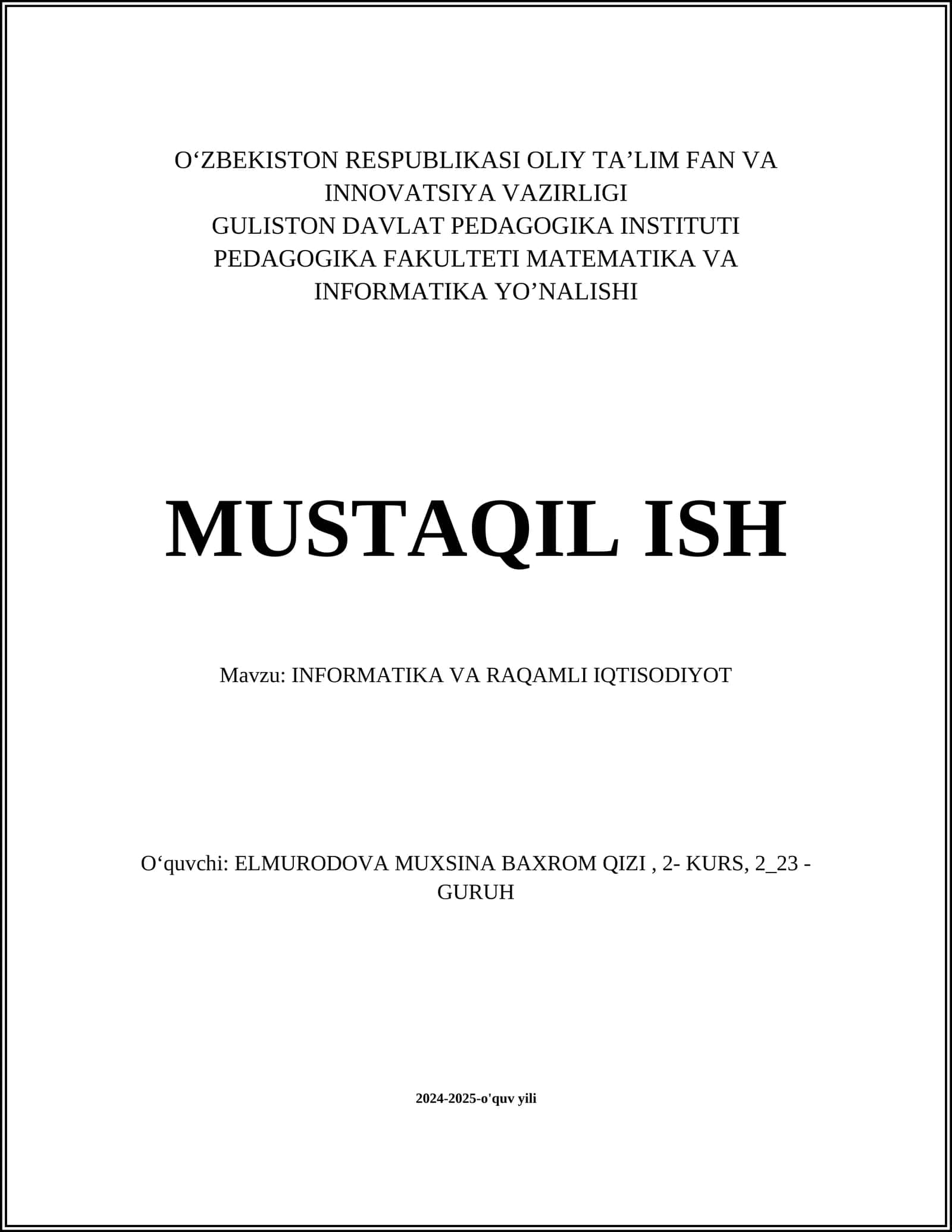 INFORMATIKA VA RAQAMLI IQTISODIYOT