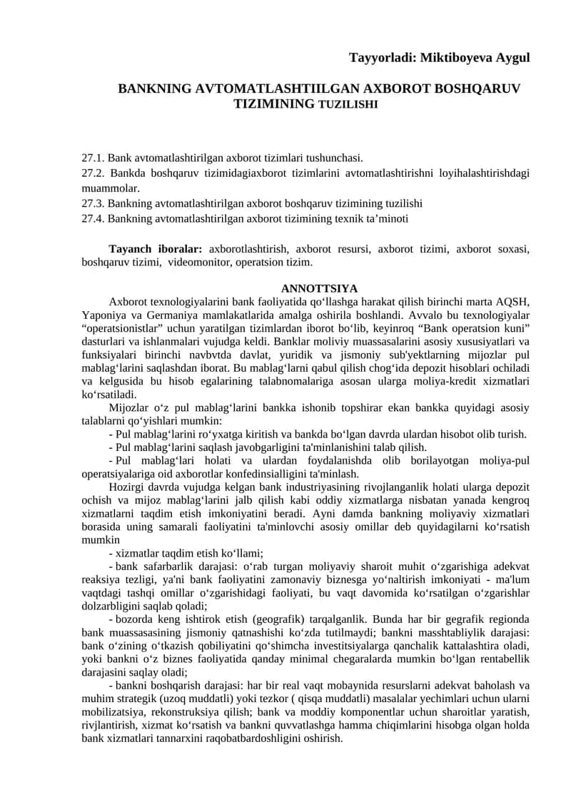 BANKNING AVTOMATLASHTIILGAN AXBOROT BOSHQARUV TIZIMINING TUZILISHI
