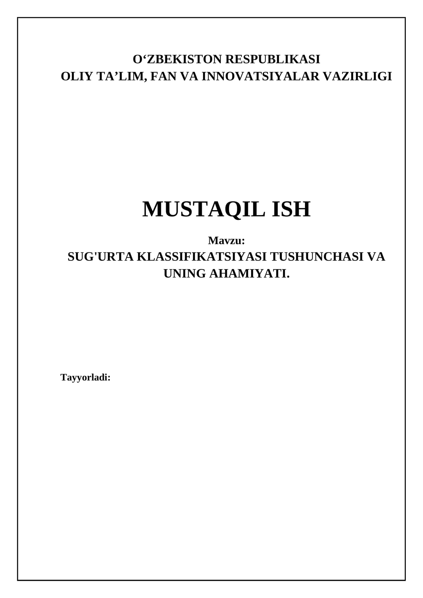 Sug'urta klassifikatsiyasi tushunchasi va uning ahamiyati