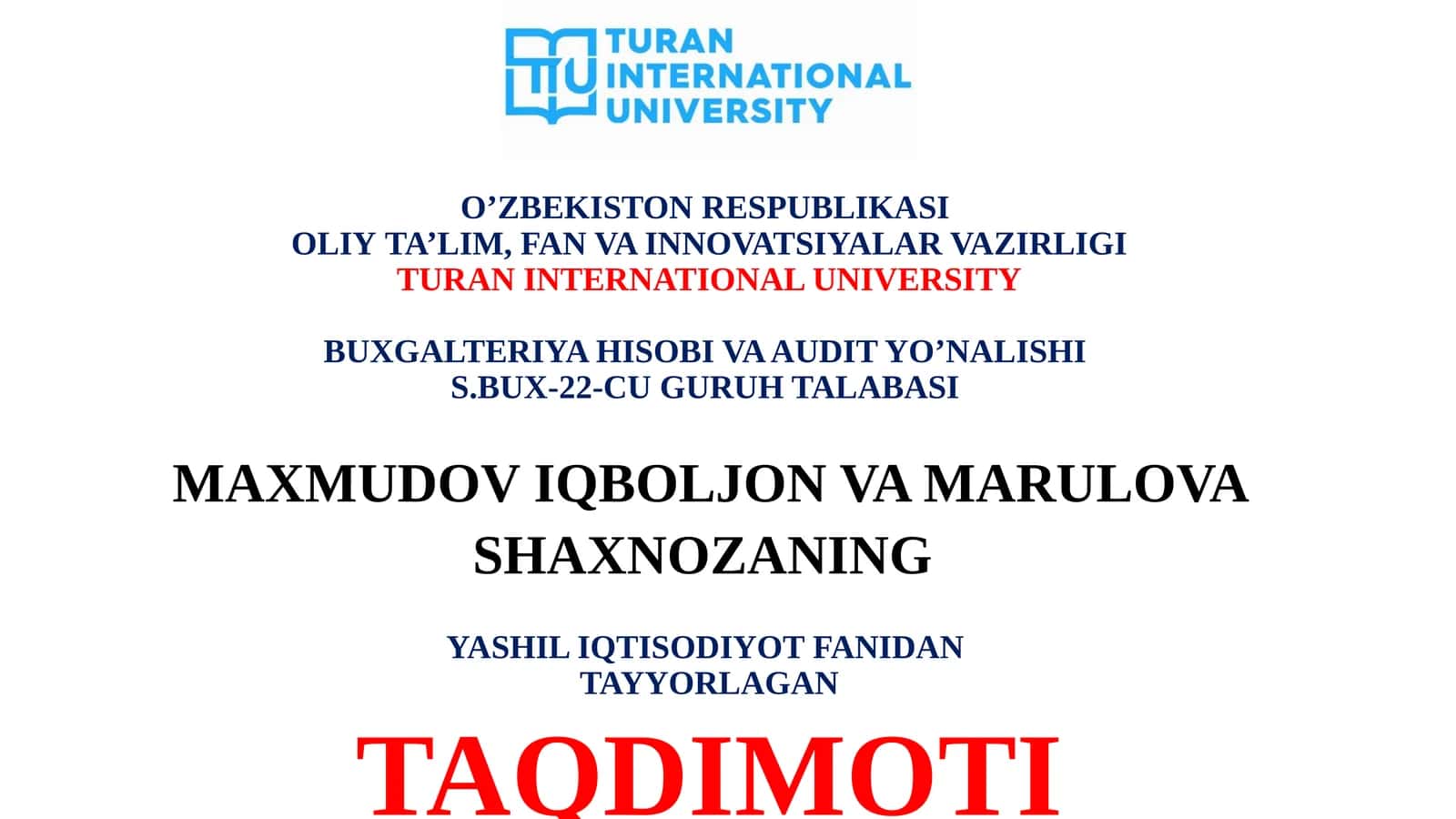 Yashil iqtisodiyot fanidan tayyorlagan taqdimot