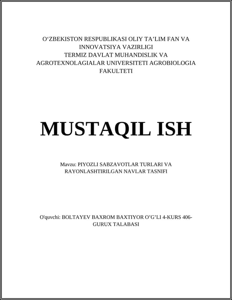 PIYOZLI SABZAVOTLAR TURLARI VA RAYONLASHTIRILGAN NAVLAR TASNIFI