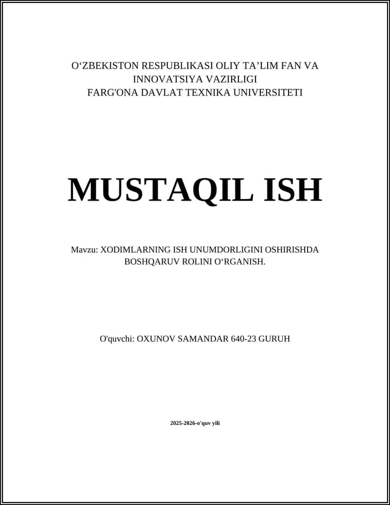 XODIMLARNING ISH UNUMDORLIGINI OSHIRISHDA BOSHQARUV ROLINI O‘RGANISH