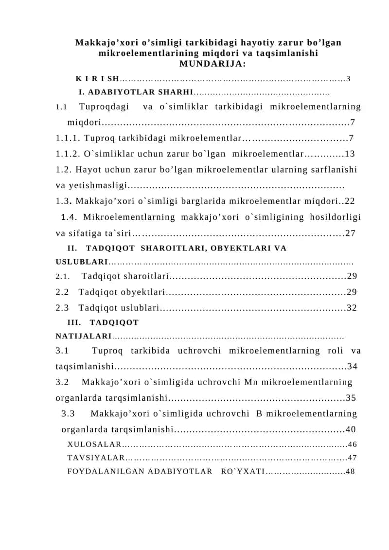 Makkajo’xori o’simligi tarkibidagi hayotiy zarur bo’lgan mikroelementlarining miqdori va taqsimlanishi