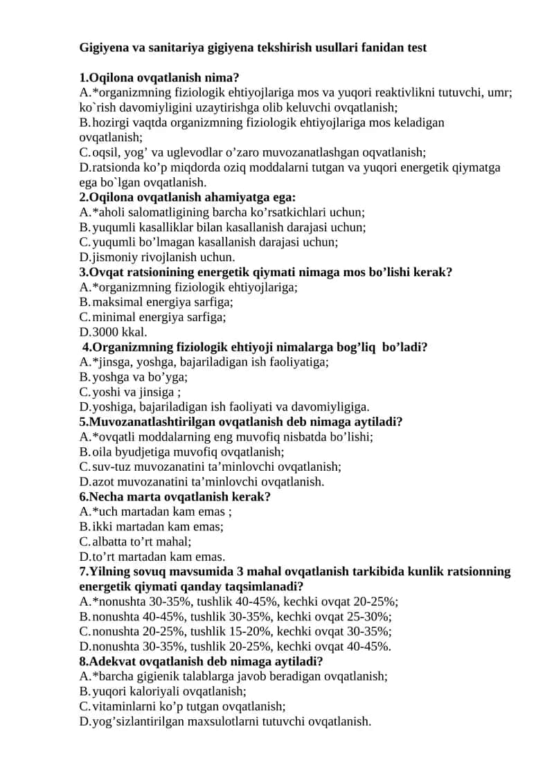 Gigiyena va sanitariya gigiyena tekshirish usullari fanidan test