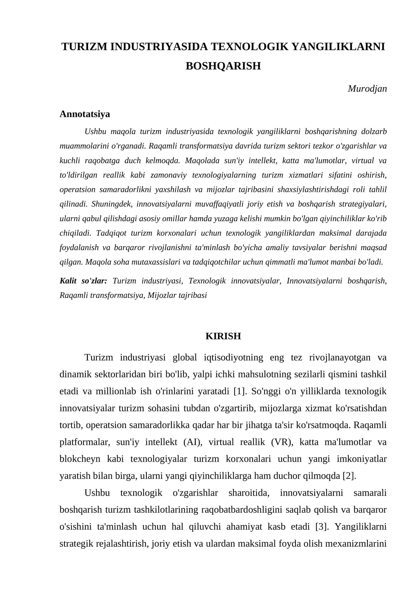 TURIZM INDUSTRIYASIDA TEXNOLOGIK YANGILIKLARNI BOSHQARISH