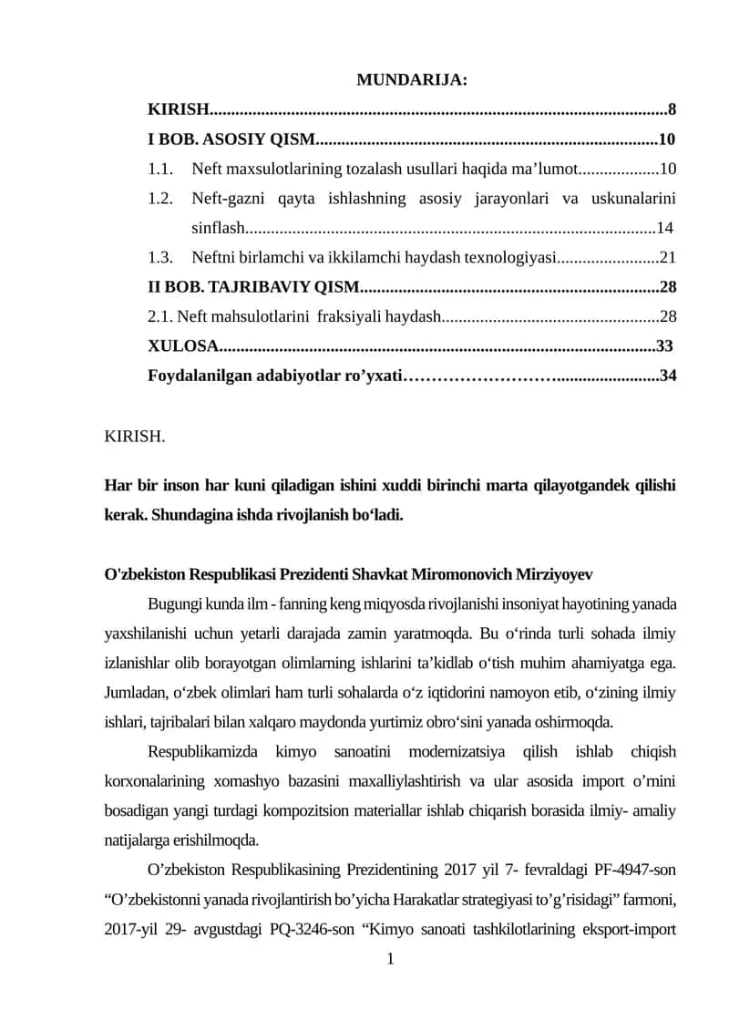Neft maxsulotlarini tozalash.