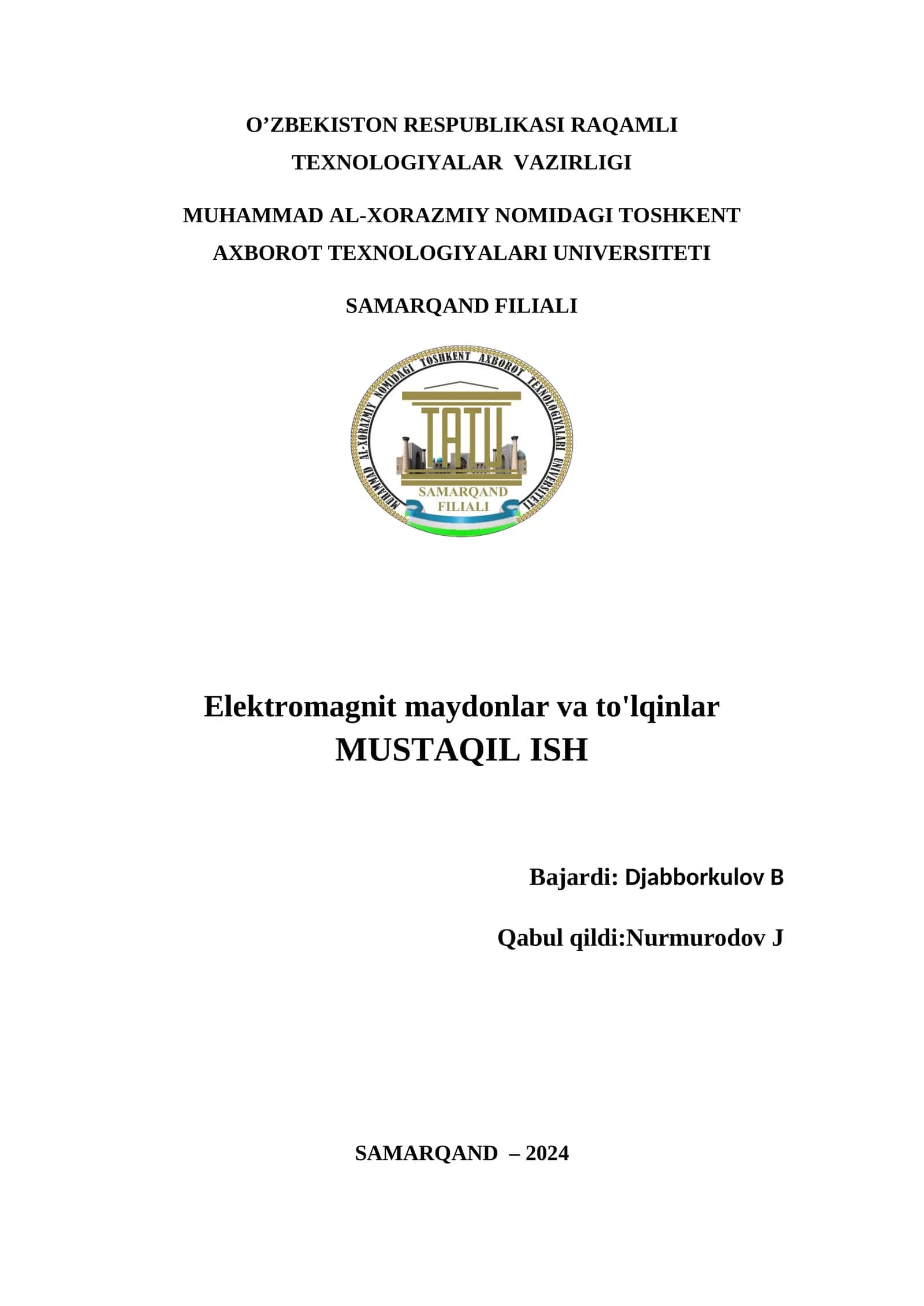 Asosiy to'lqinning maydon tuzilishi va uning parametrlari