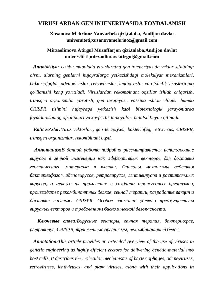 VIRUSLARDAN GEN INJENERIYASIDA FOYDALANISH