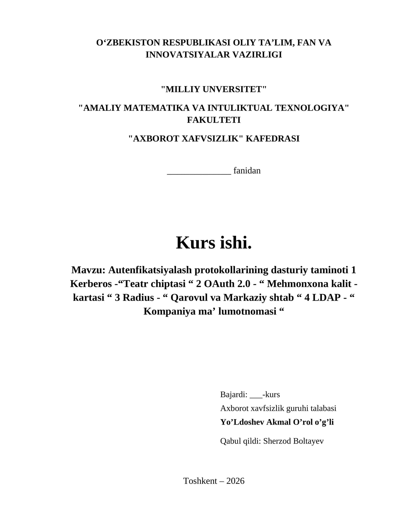 Autenfikatsiyalash protokollarining dasturiy taminoti 1 Kerberos -“Teatr chiptasi “ 2 OAuth 2.0 - “ Mehmonxona kalit - kartasi “ 3 Radius - “ Qarovul va Markaziy shtab “ 4 LDAP - “ Kompaniya ma’ lumotnomasi “