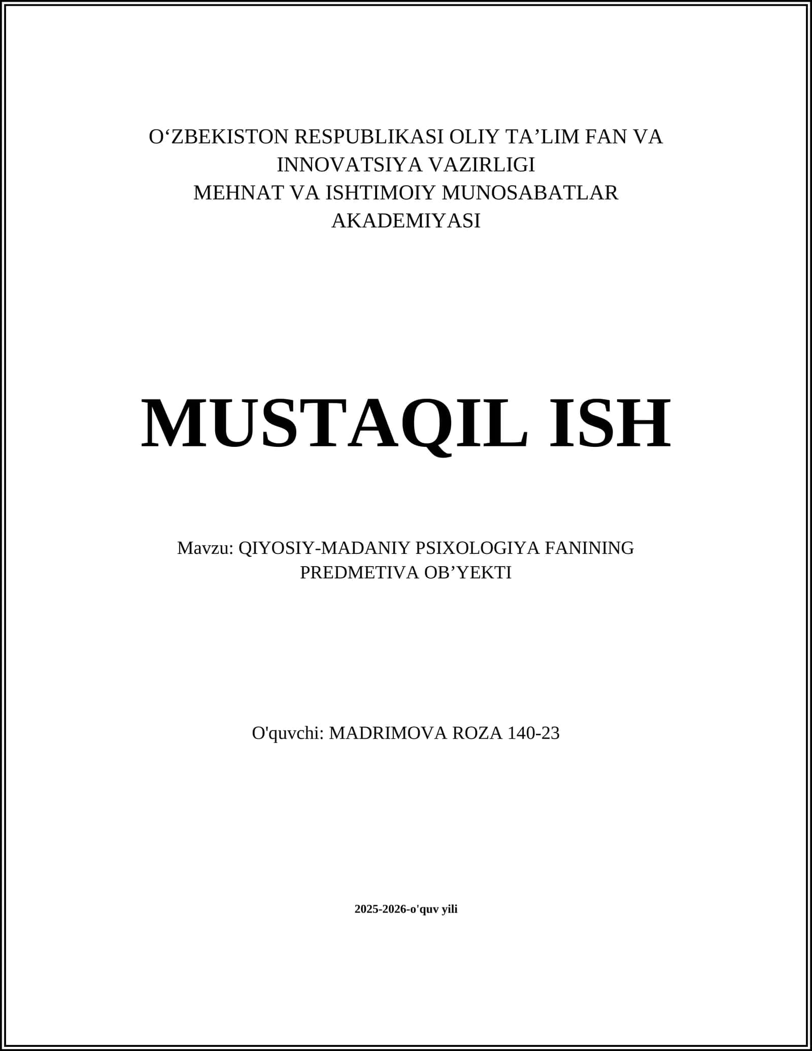 QIYOSIY-MADANIY PSIXOLOGIYA FANINING PREDMETIVA OB’YEKTI
