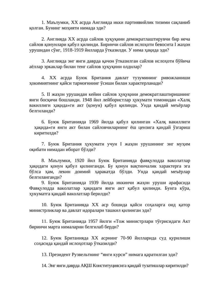 XX asrda Angliya siyosiy tizimi va saylov huquqi