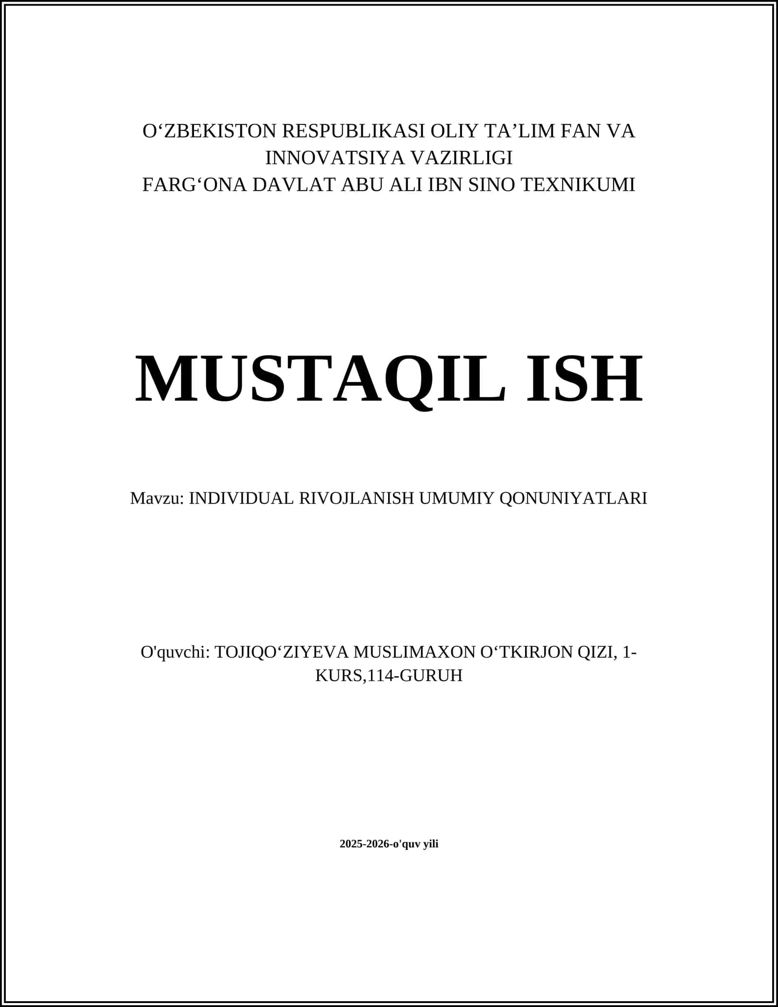 INDIVIDUAL RIVOJLANISH UMUMIY QONUNIYATLARI