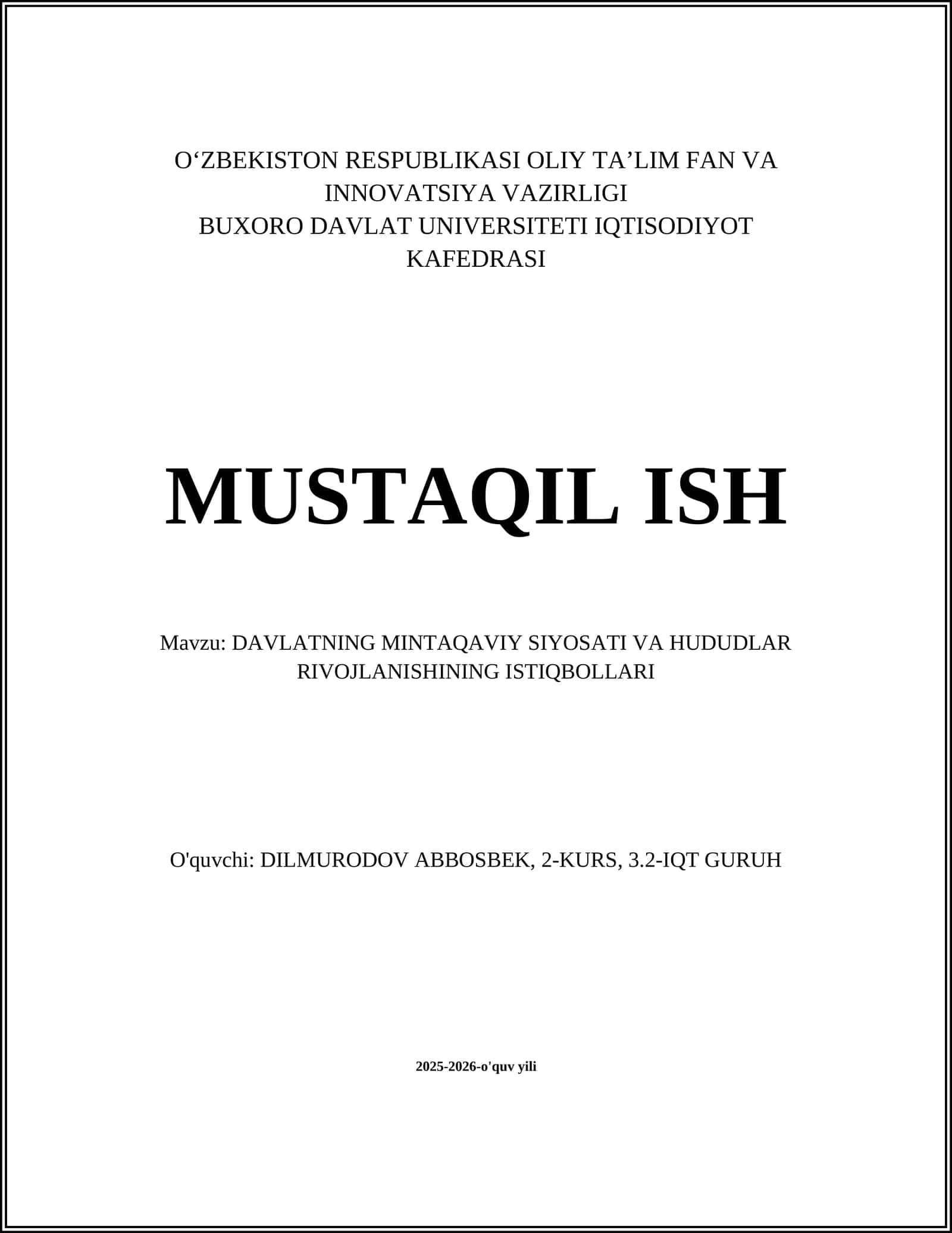 DAVLATNING MINTAQAVIY SIYOSATI VA HUDUDLAR RIVOJLANISHINING ISTIQBOLLARI
