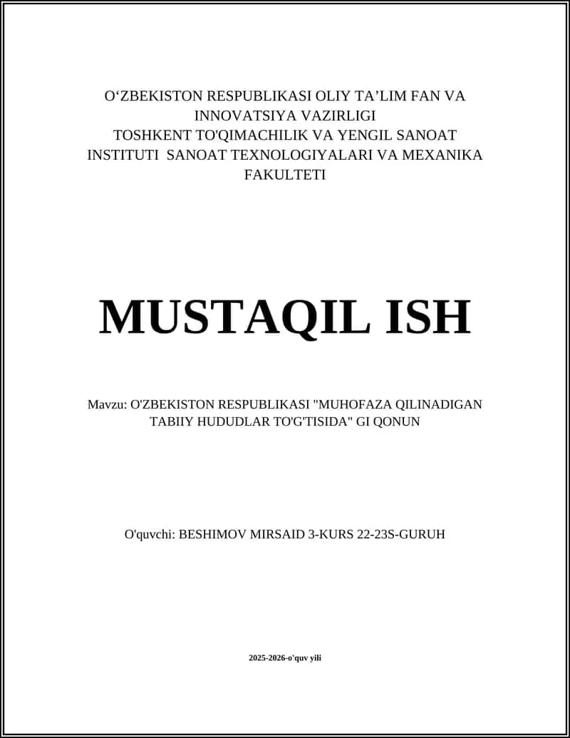 O‘ZBEKISTON RESPUBLIKASI "MUHOFAZA QILINADIGAN TABIIY HUDUDLAR TO'G'TISIDA" GI QONUN