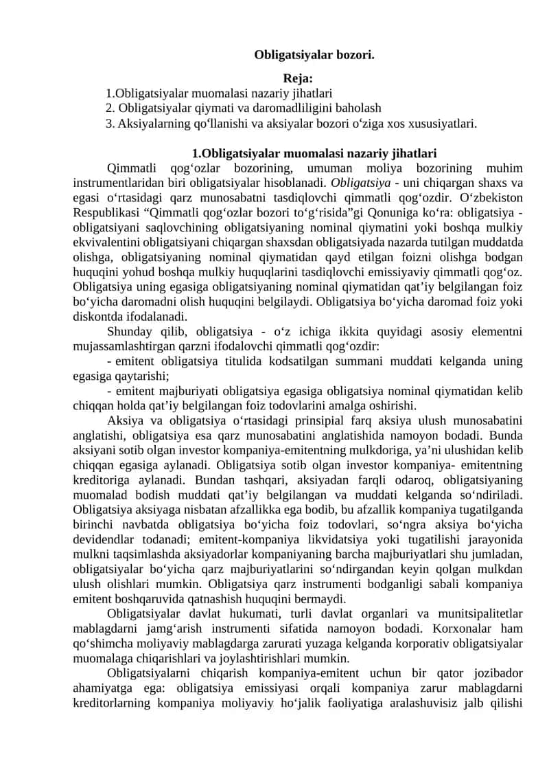 Obligatsiyalar muomalasi nazariy jihatlari