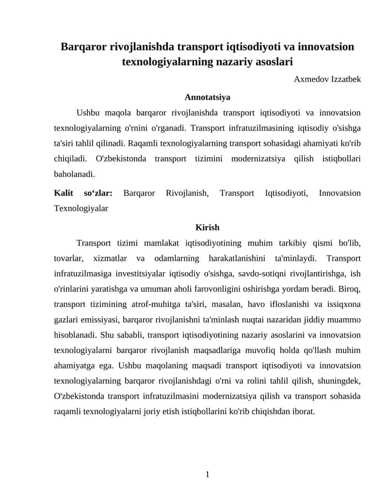 Barqaror rivojlanishda transport iqtisodiyoti va innovatsion texnologiyalarning nazariy asoslari