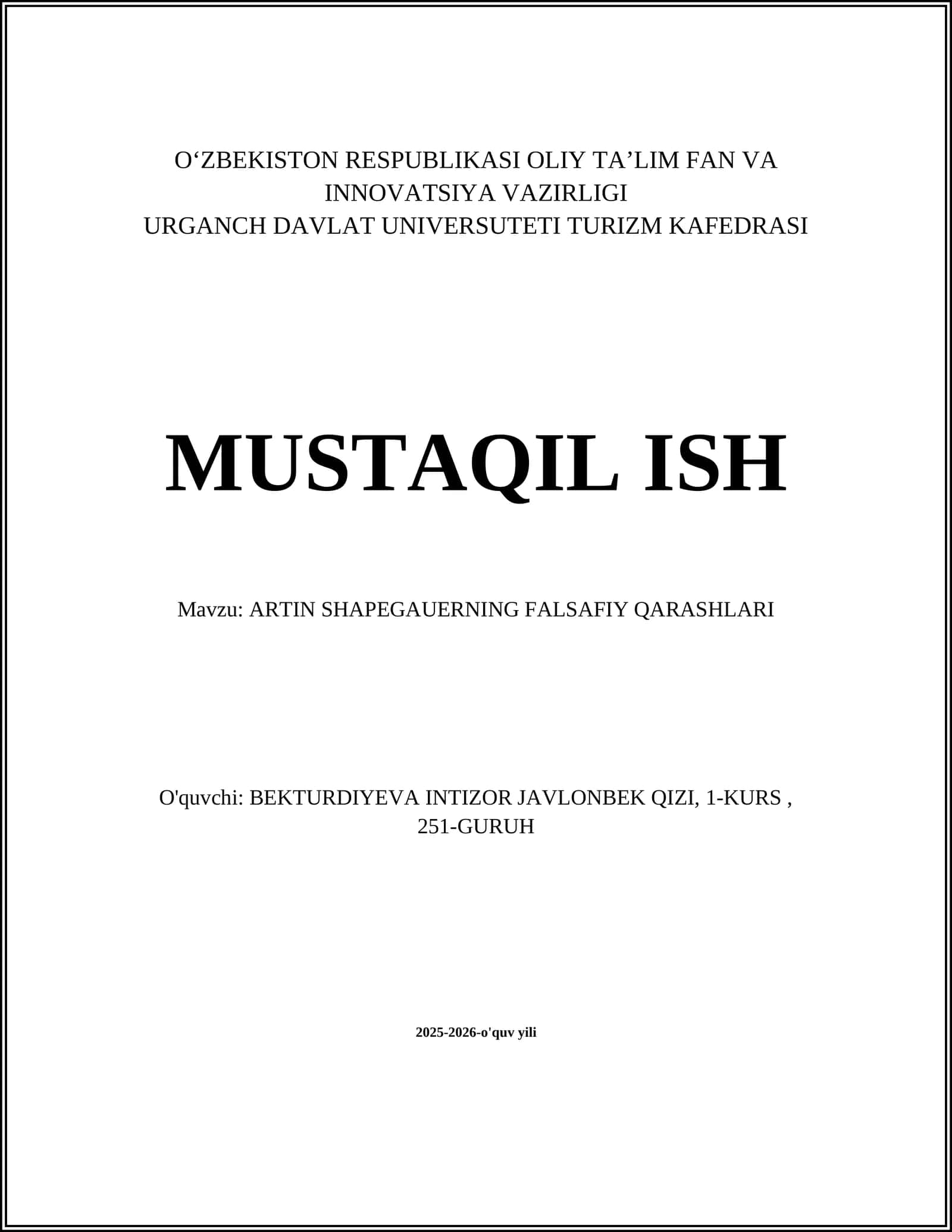 ARTIN SHAPEGAUERNING FALSAFIY QARASHLARI