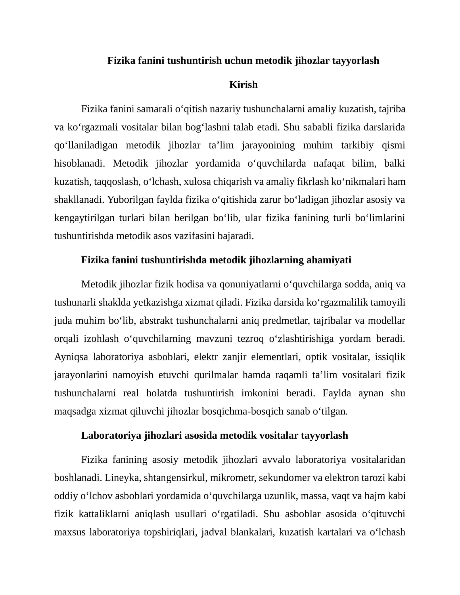 Fizika fanini tushuntirish uchun metodik jihozlar tayyorlash