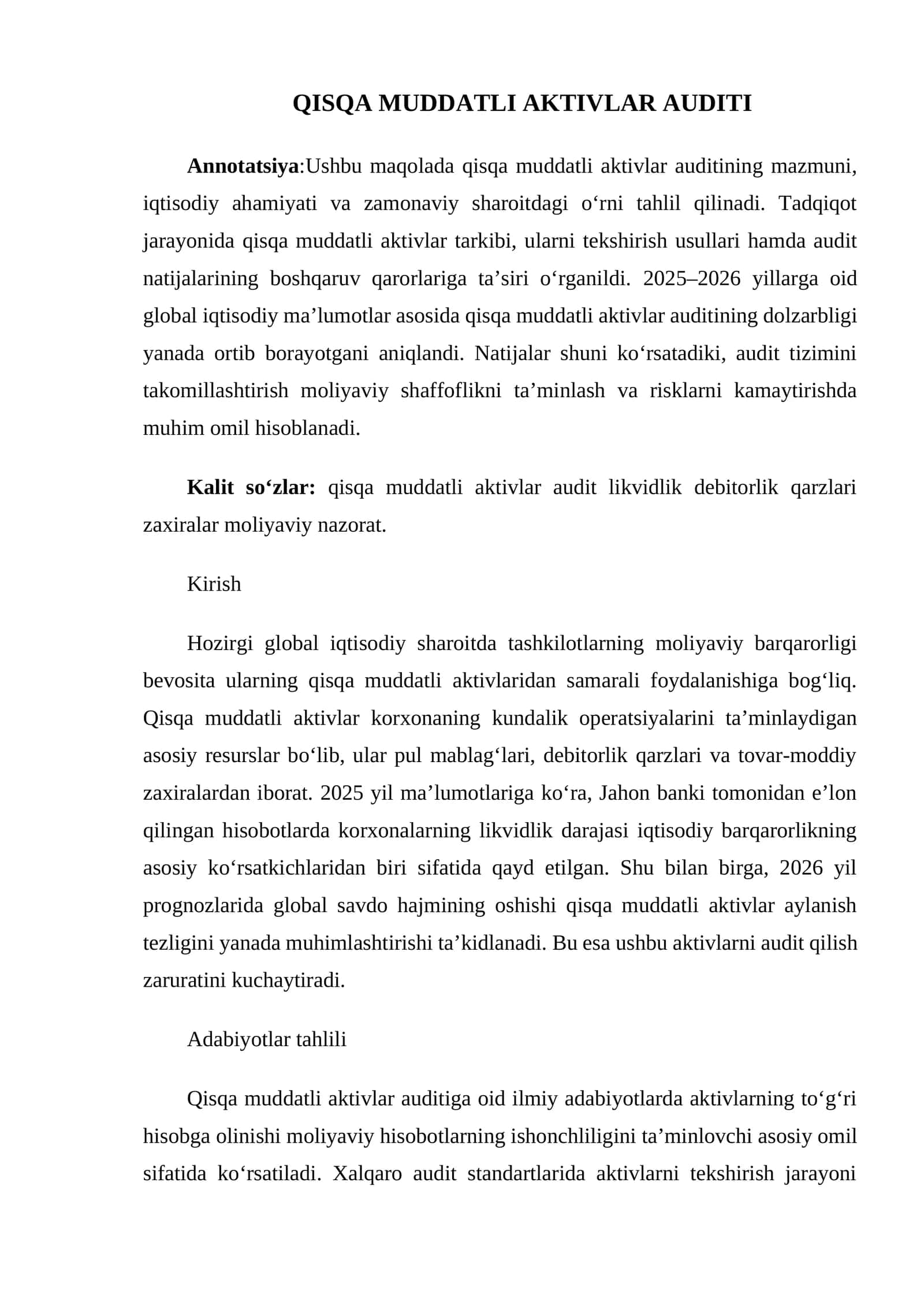 QISQA MUDDATLI AKTIVLAR AUDITI