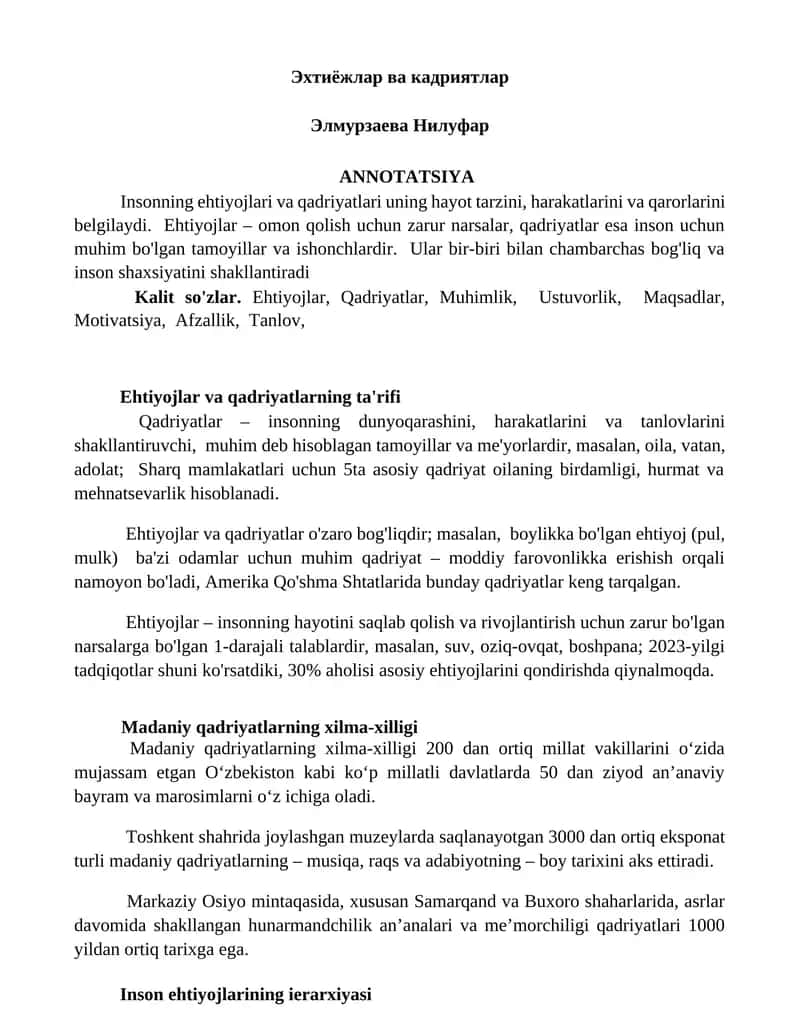 Ehtiyojlar va Qadriyatlar