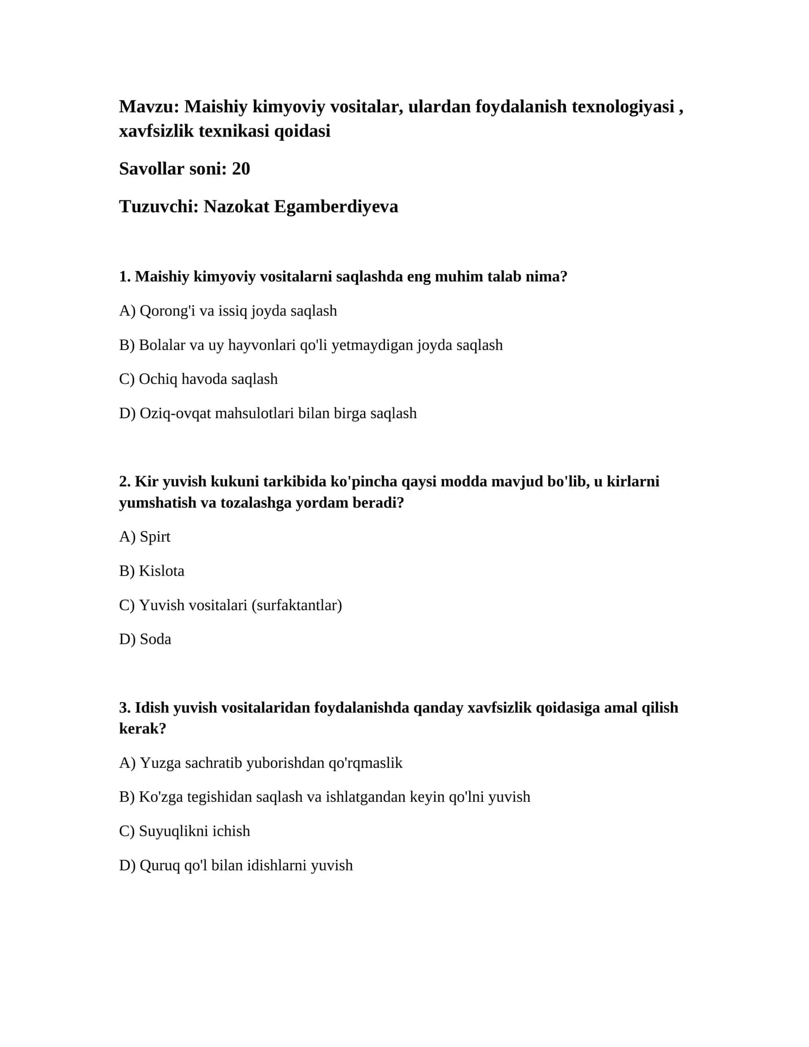 Maishiy kimyoviy vositalar, ulardan foydalanish texnologiyasi, xavfsizlik texnikasi qoidasi