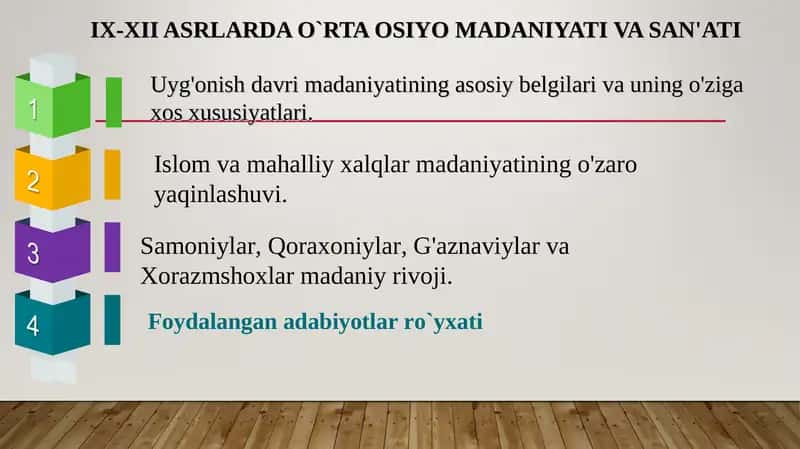 IX-XII ASRLARDA O`RTA OSIYO MADANIYATI VA SAN'ATI