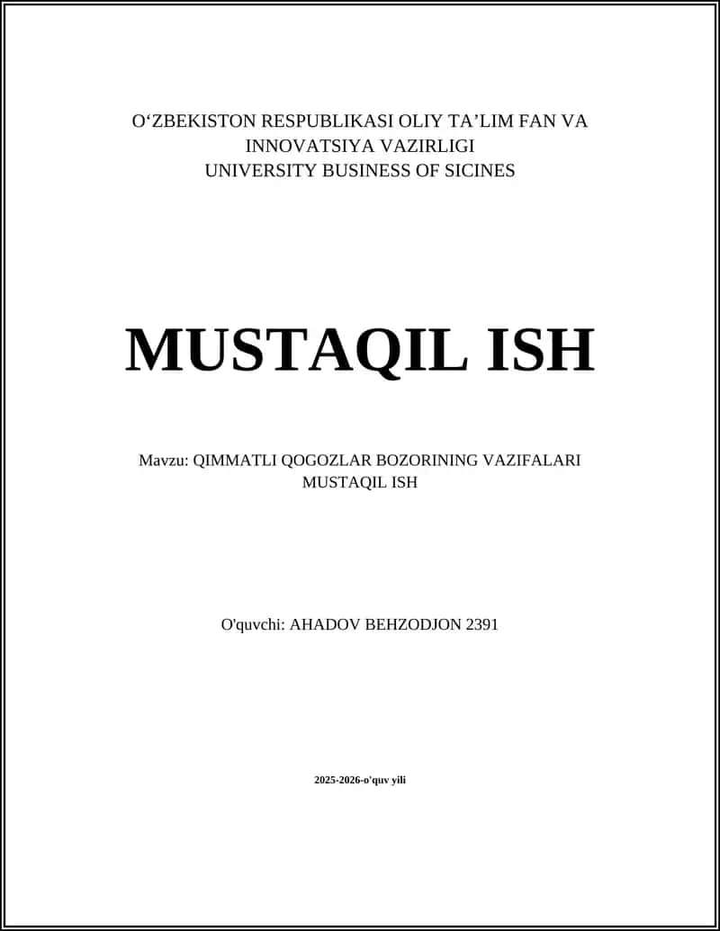 QIMMATLI QOGOZLAR BOZORINING VAZIFALARI