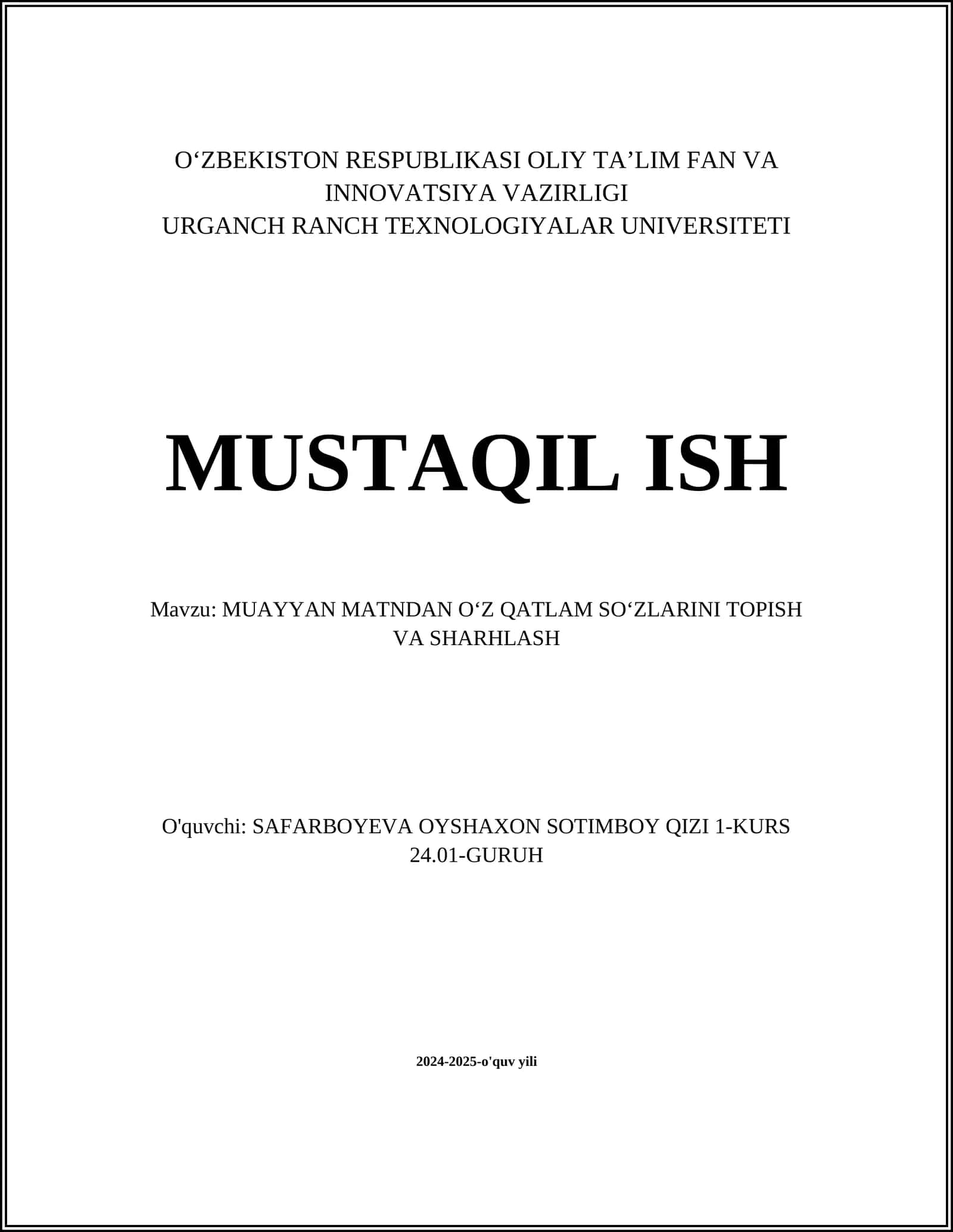 MUAYYAN MATNDAN O‘Z QATLAM SO‘ZLARINI TOPISH VA SHARHLASH