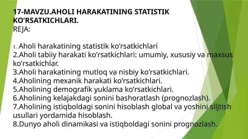 Аholiharakatining Statistik Ko’rsatkichlari