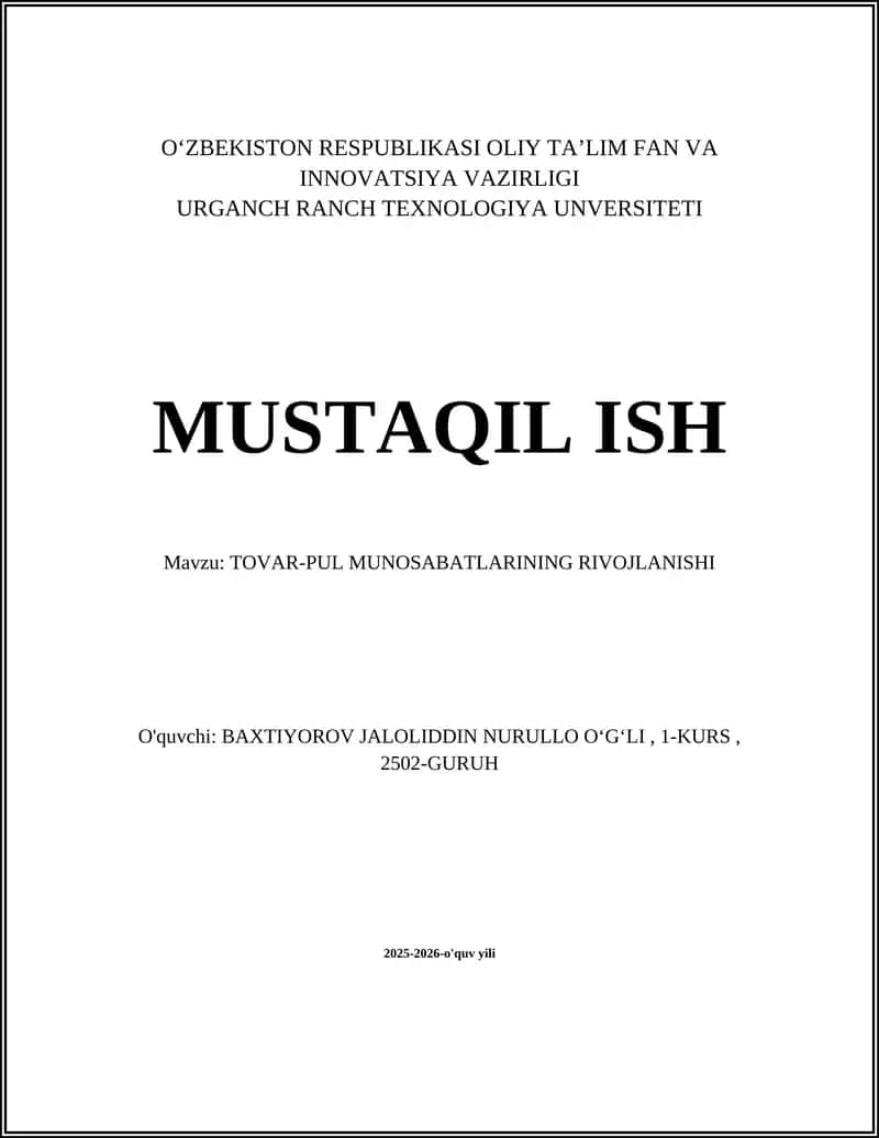 TOVAR-PUL MUNOSABATLARINING RIVOJLANISHI