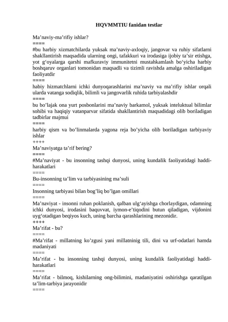 HQVMMTIU fanidan testlar
