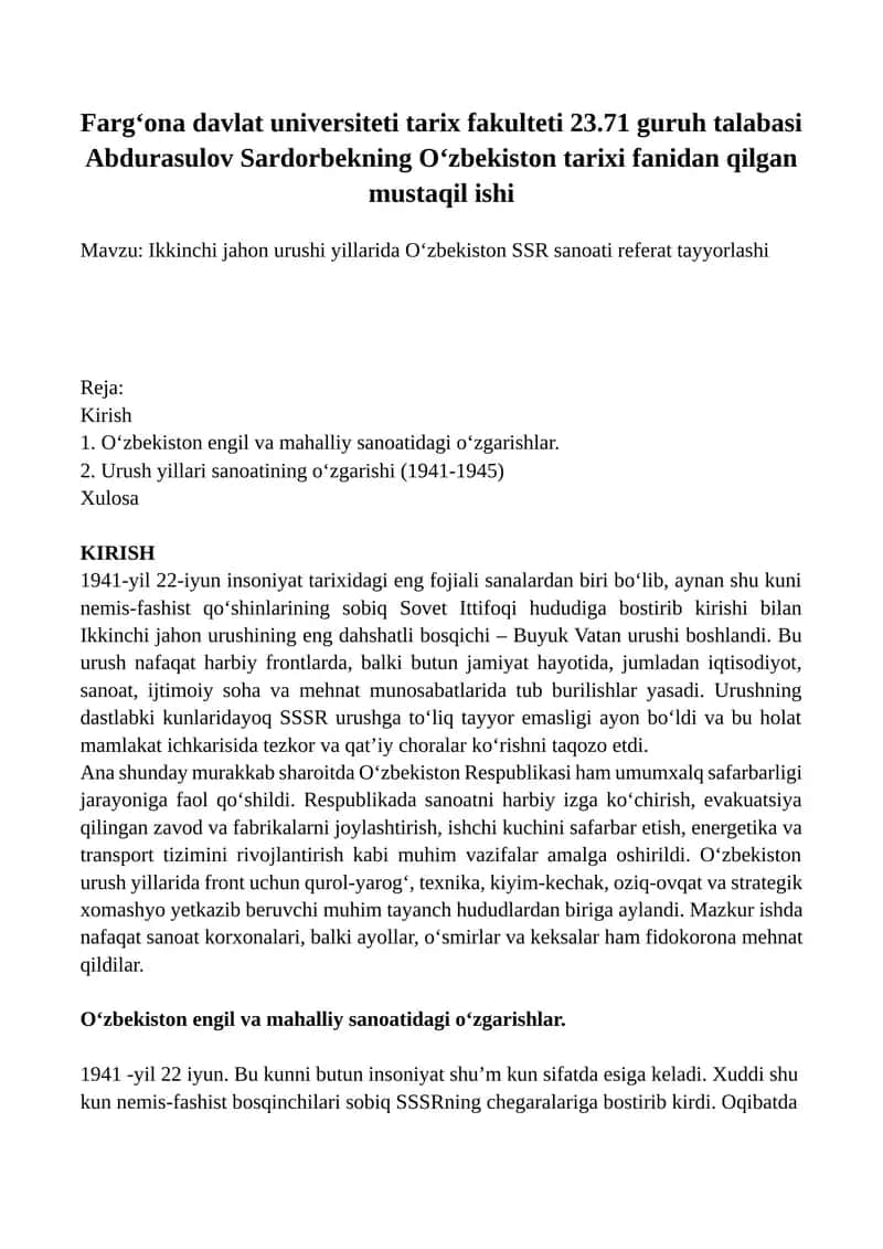 Ikkinchi jahon urushi yillarida O‘zbekiston SSR sanoati