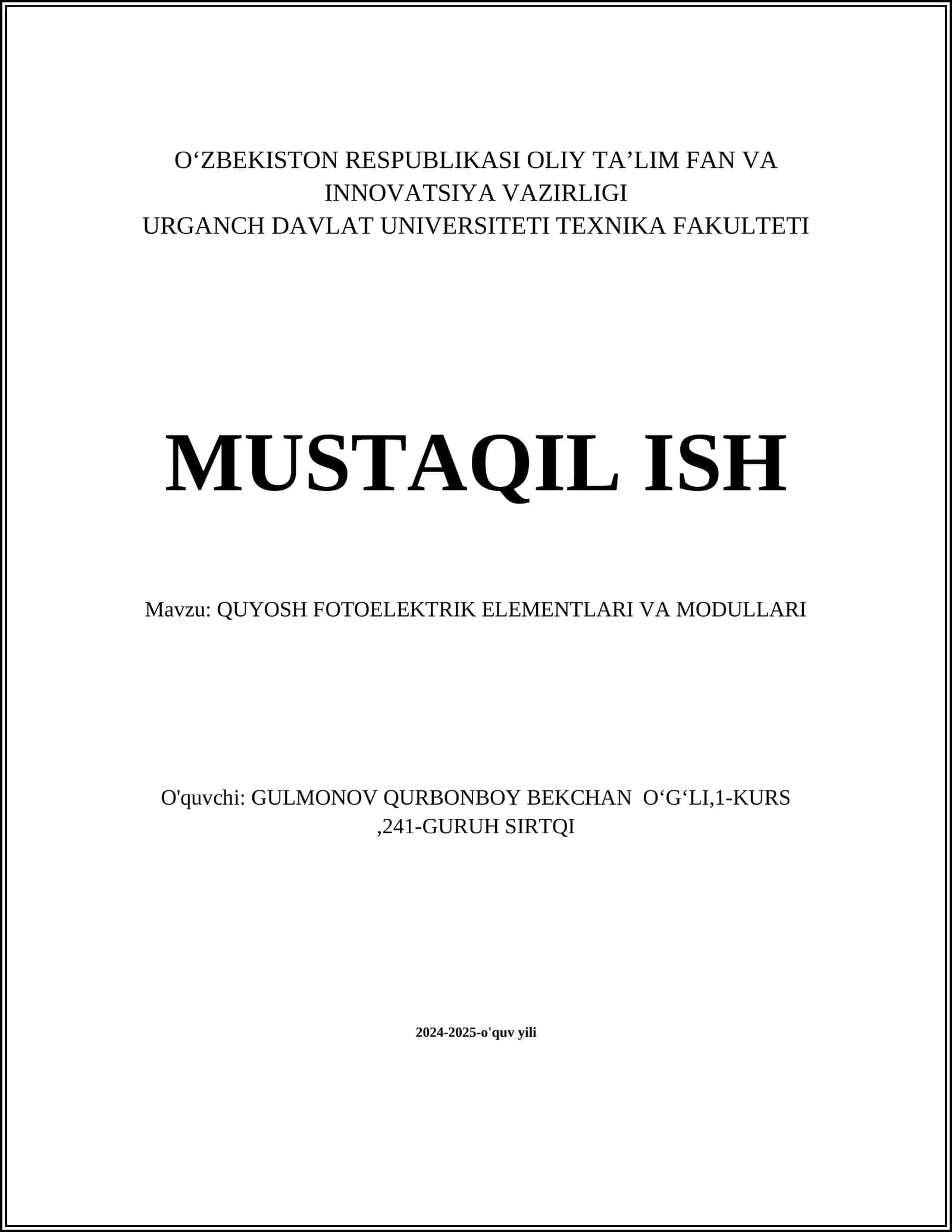 QUYOSH FOTOELEKTRIK ELEMENTLARI VA MODULLARI