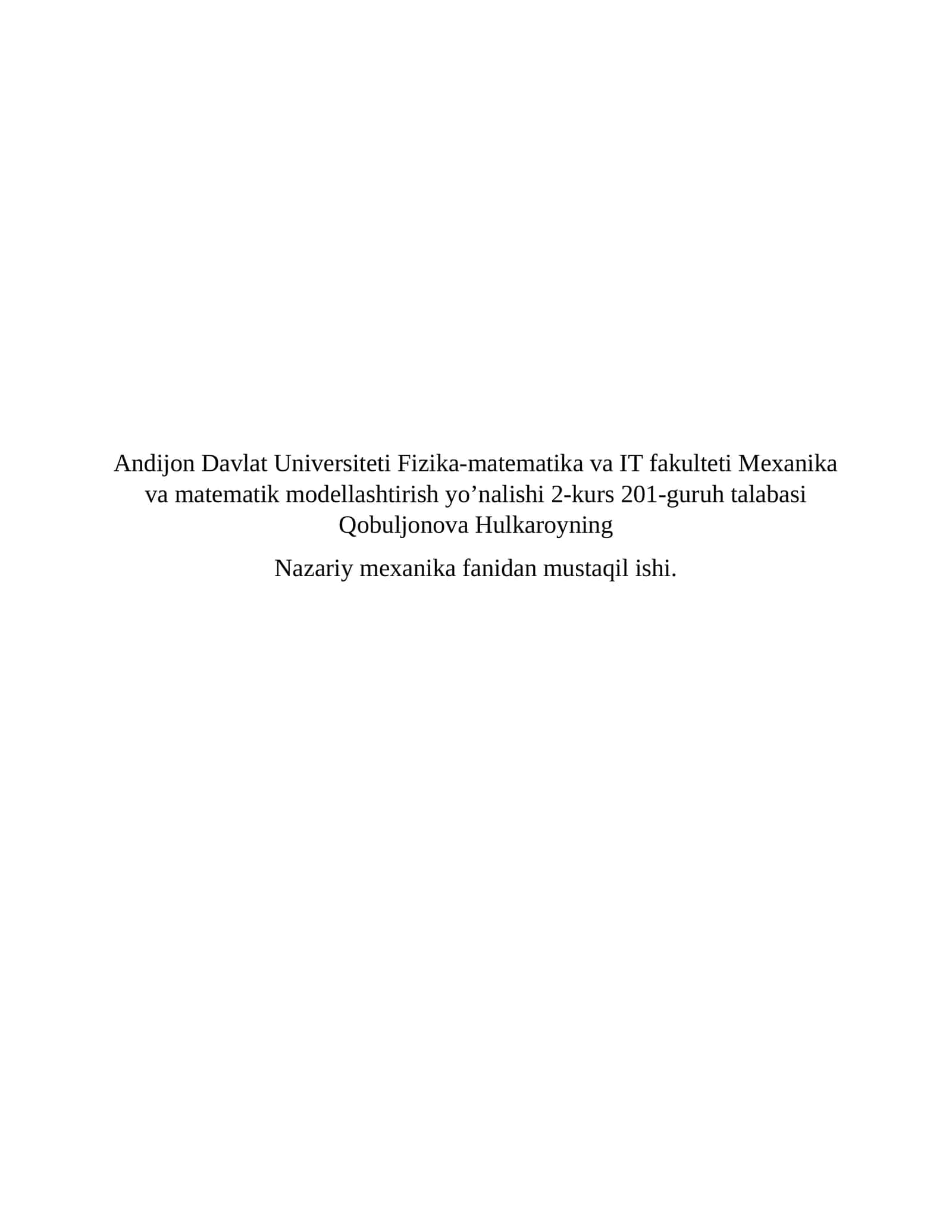 Nazariy mexanika fanidan mustaqil ishi