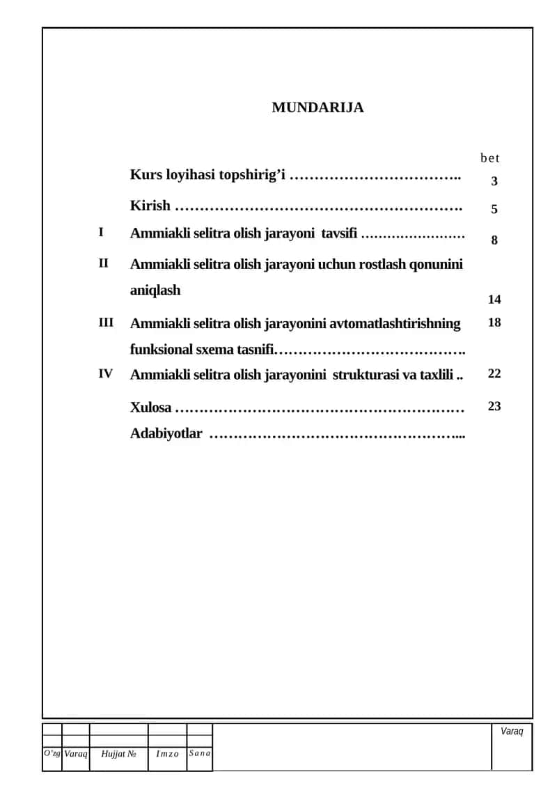 Ammiakli selitra olish jarayonini avtomatlashtirish