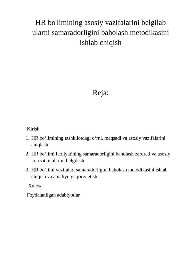 HR bo'limining asosiy vazifalarini belgilash