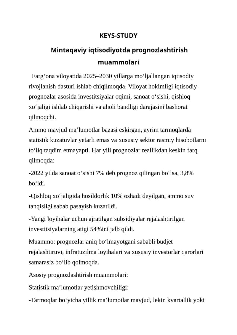 Mintaqaviy iqtisodiyotda prognozlashtirish muammolari