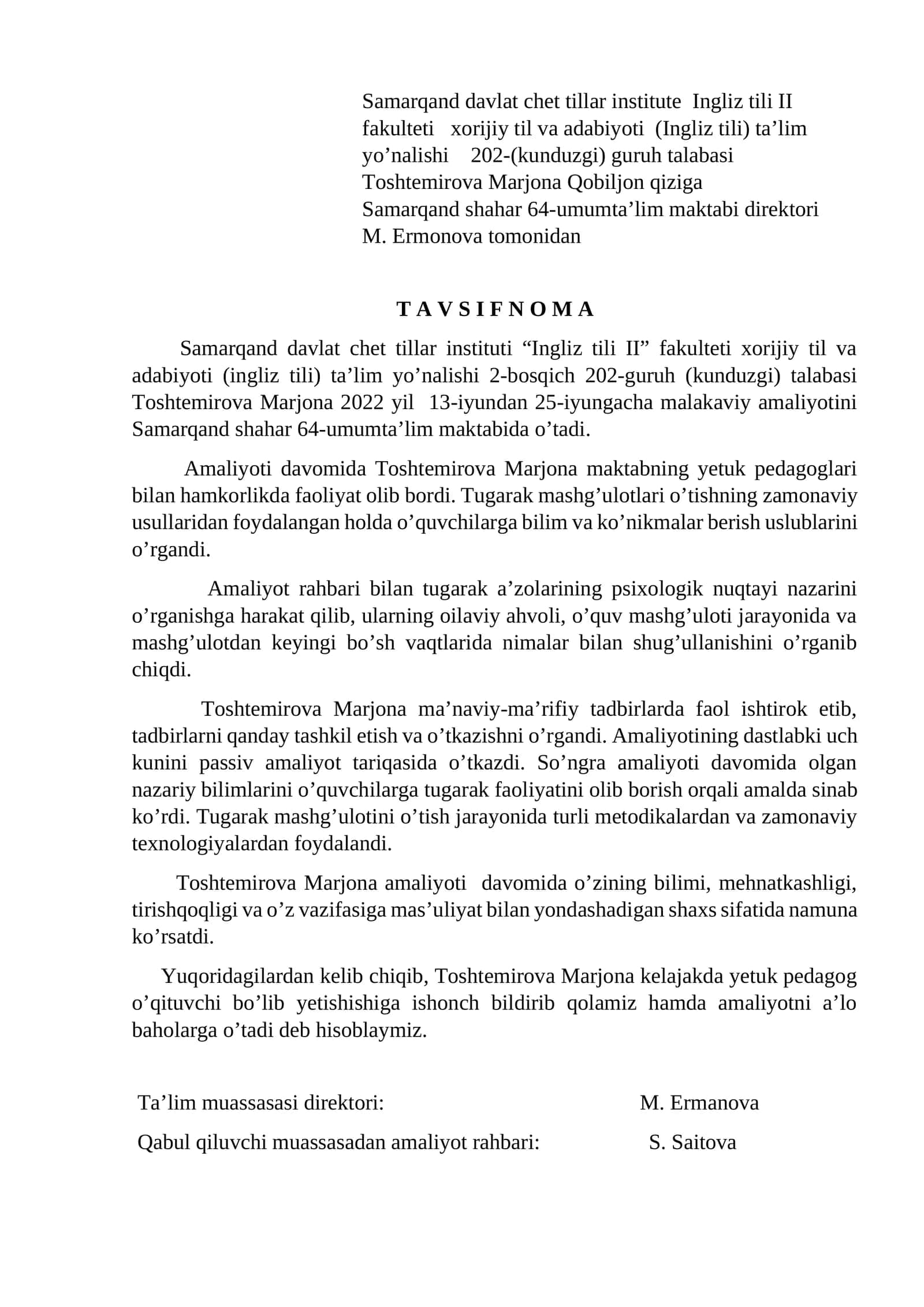 Samarqand davlat chet tillar instituti "Ingliz tili II" fakulteti xorijiy til va adabiyoti (ingliz tili) ta'lim yo'nalishi 2-bosqich 202-guruh