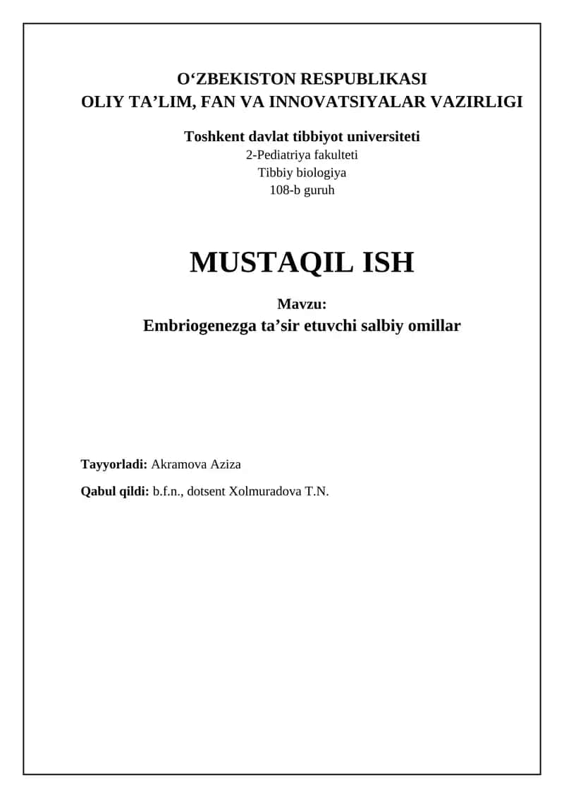 Embriogenezga Salbiy Ta'sir Etuvchi Omillar