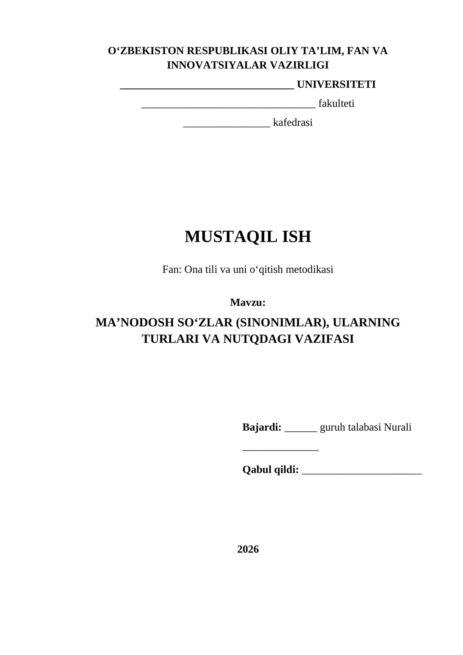 MAʼNODOSH SOʻZLAR (SINONIMLAR), ULARNING TURLARI VA NUTQDAGI VAZIFASI