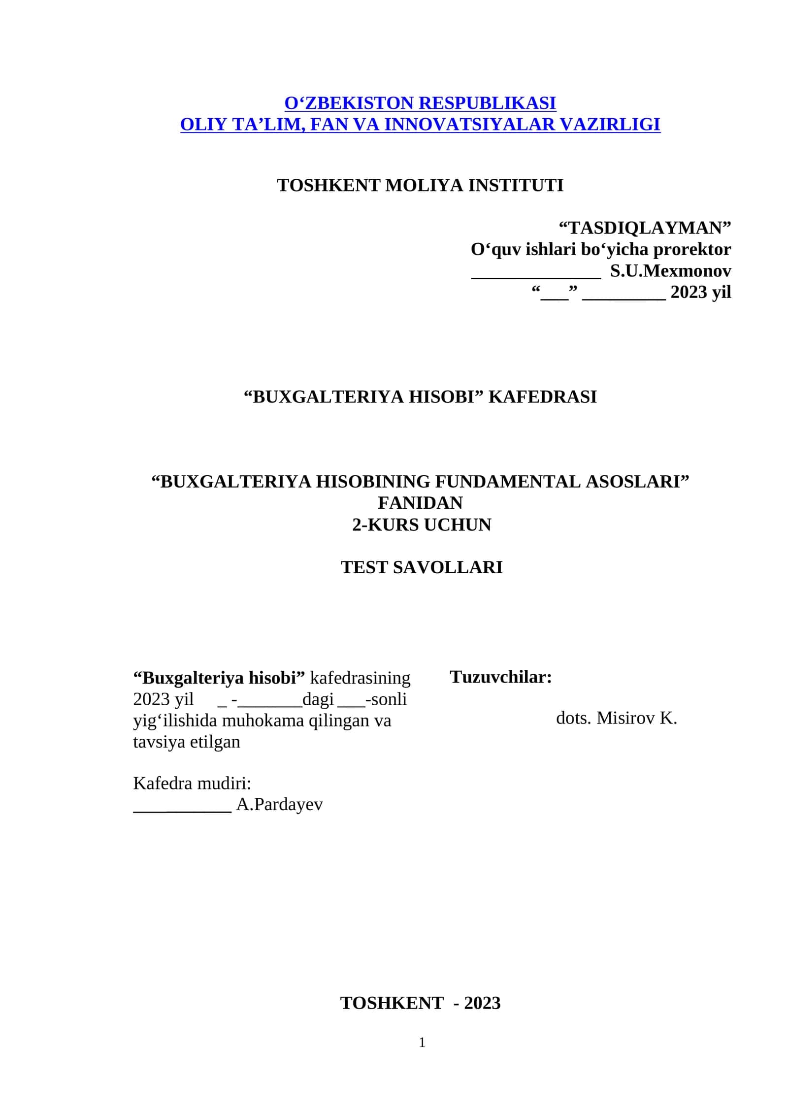 BUXGALTERIYA HISOBINING FUNDAMENTAL ASOSLARI FANIDAN TEST SAVOLLARI