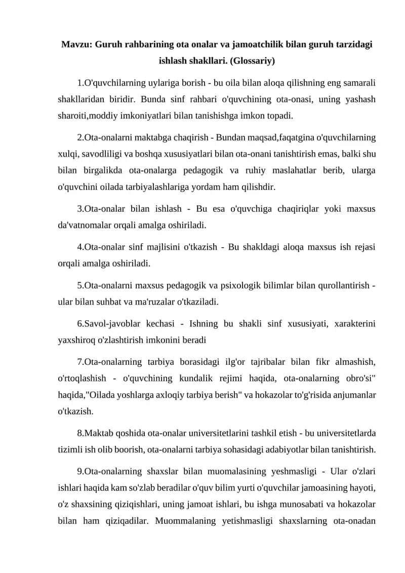 Guruh rahbarining ota onalar va jamoatchilik bilan guruh tarzidagi ishlash shakllari
