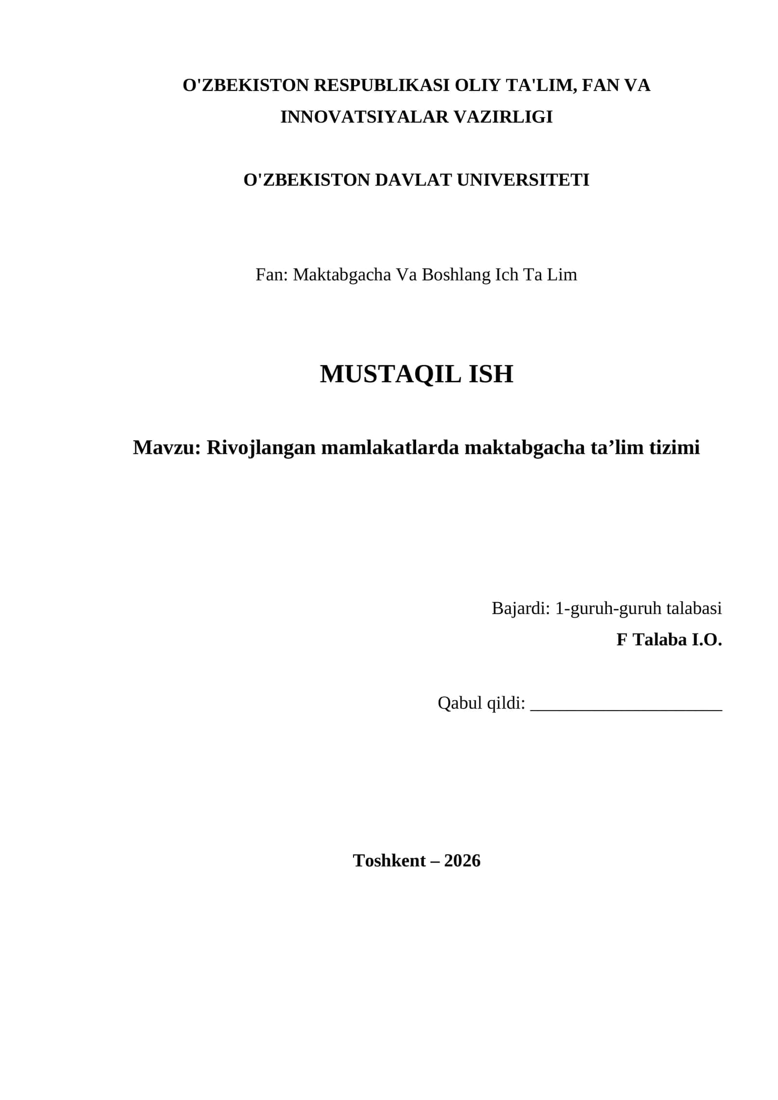 Rivojlangan mamlakatlarda maktabgacha ta’lim tizimi